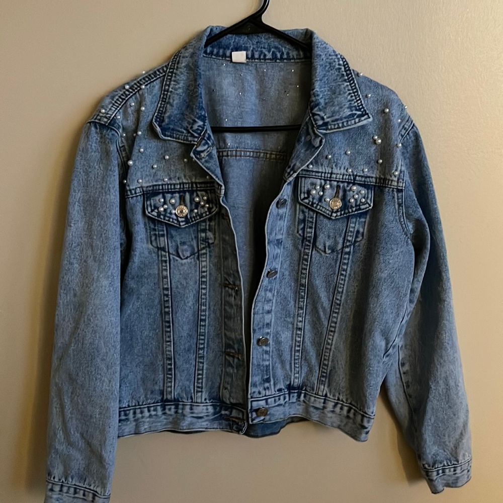Size medium denim jacket with pearls